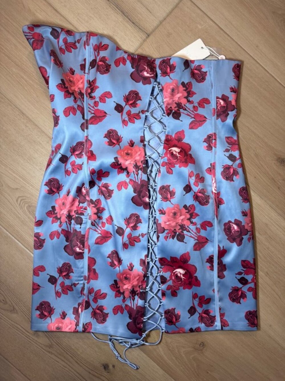 NWT Sz 14 Oh Polly Satin Floral Corset Lace-Up Side Mini Dress Feminine Coquette - Picture 6 of 14